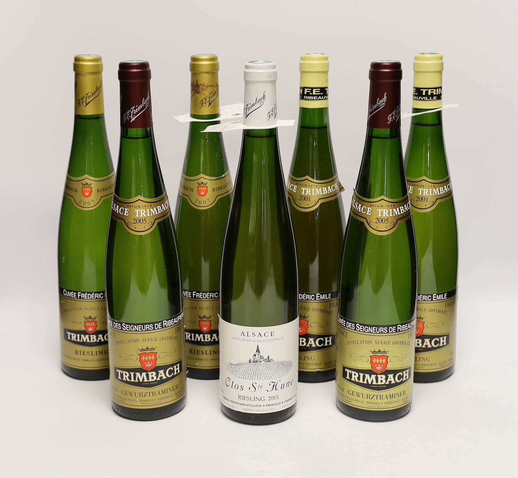 Six bottles of Trimbach Reisling, comprising two 2001, two 2005 and two 2007 together with one bottle of Clos Ste Hune Reisling 2001